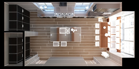 3D Interior rendering of a modern kitchen