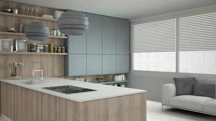 Fototapeta na wymiar Minimalistic white kitchen with wooden and gray details, minimal