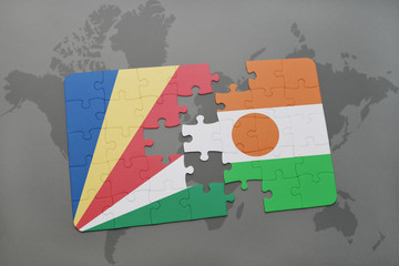 puzzle with the national flag of seychelles and niger on a world map