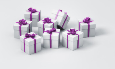 pile of boxes gifts on a white background - 3D xmas / shopping background  (purple, black friday , christmas )