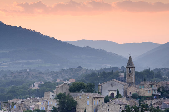 View of village at dawn, Mirabel aux Baronnies, Provence, France