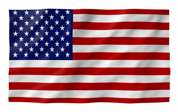 American flag flowing in wind from a low close angle textured with detail over white background