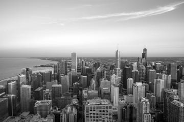 Aerial view of Chicago downtown skyline at sunset