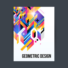 Poster/cover design template with shiny geometric shapes on white background.