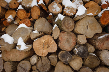 Faces of logs in winter. Woodpile of firewood under snow. Abstract background texture.
