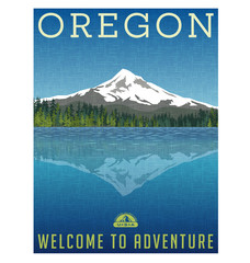 Naklejka premium Oregon, United States travel poster or luggage sticker. Scenic illustration of Mt. Hood behind lake with reflection.