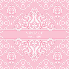Template card with abstract baroque royal background in pink and white colors.