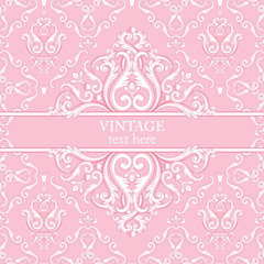 Template card with abstract baroque royal background in pink and white colors.