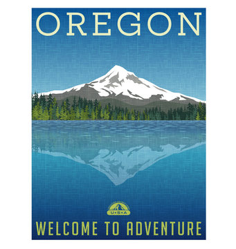 Oregon, United States travel poster or luggage sticker. Scenic illustration of Mt. Hood behind lake with reflection.