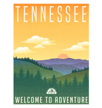Tennessee, United States travel poster or luggage sticker. Scenic illustration of the Great Smoky Mountains with pine trees and sunrise. 