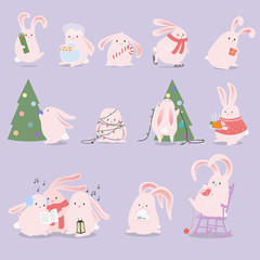 Set of cartoon characters. Bunny christmas celebration.