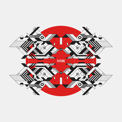 Abstract symmetric design element on red circle. Futuristic design, useful for prints and posters.
