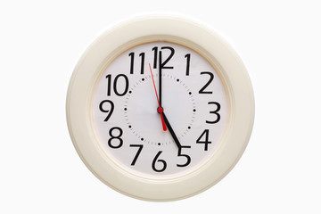 Analog wall clock showing 5:00 o'clock