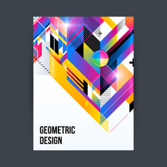 Poster/cover design template with shiny geometric shapes on white background.