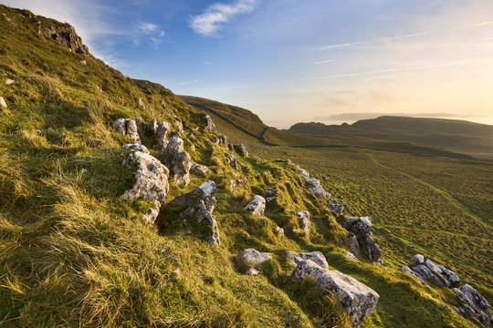 Looking back towards Great Scar, Settle Scra and Attermire Scar, Yorkshire Dales, Yorkshire