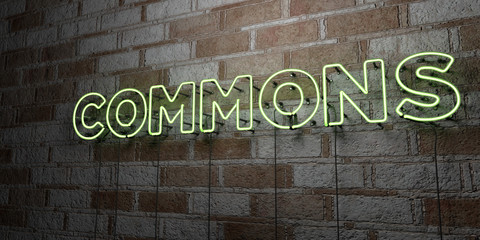 COMMONS - Glowing Neon Sign on stonework wall - 3D rendered royalty free stock illustration.  Can be used for online banner ads and direct mailers..