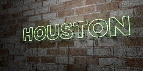 HOUSTON - Glowing Neon Sign on stonework wall - 3D rendered royalty free stock illustration.  Can be used for online banner ads and direct mailers..