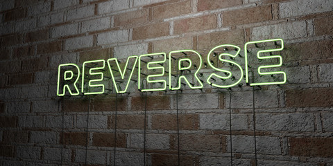 REVERSE - Glowing Neon Sign on stonework wall - 3D rendered royalty free stock illustration.  Can be used for online banner ads and direct mailers..