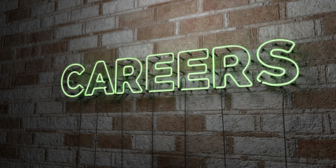 Fototapeta na wymiar CAREERS - Glowing Neon Sign on stonework wall - 3D rendered royalty free stock illustration. Can be used for online banner ads and direct mailers..