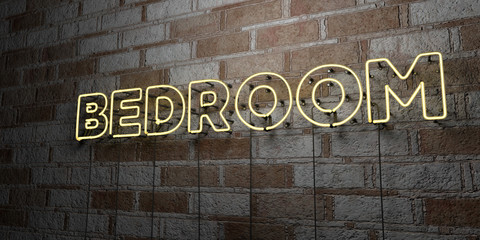 BEDROOM - Glowing Neon Sign on stonework wall - 3D rendered royalty free stock illustration.  Can be used for online banner ads and direct mailers..