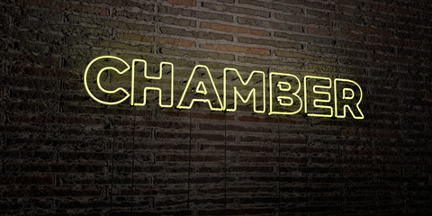 CHAMBER -Realistic Neon Sign on Brick Wall background - 3D rendered royalty free stock image. Can be used for online banner ads and direct mailers..