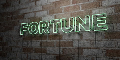 FORTUNE - Glowing Neon Sign on stonework wall - 3D rendered royalty free stock illustration.  Can be used for online banner ads and direct mailers..