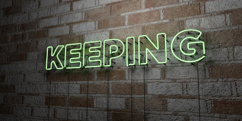 KEEPING - Glowing Neon Sign on stonework wall - 3D rendered royalty free stock illustration.  Can be used for online banner ads and direct mailers..