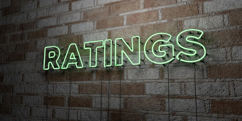 RATINGS - Glowing Neon Sign on stonework wall - 3D rendered royalty free stock illustration.  Can be used for online banner ads and direct mailers..