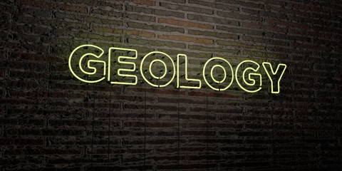 GEOLOGY -Realistic Neon Sign on Brick Wall background - 3D rendered royalty free stock image. Can be used for online banner ads and direct mailers..