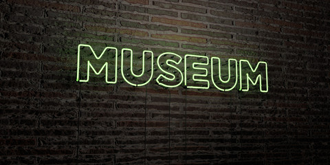 MUSEUM -Realistic Neon Sign on Brick Wall background - 3D rendered royalty free stock image. Can be used for online banner ads and direct mailers..