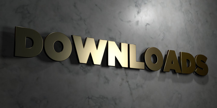 Downloads - Gold sign mounted on glossy marble wall  - 3D rendered royalty free stock illustration. This image can be used for an online website banner ad or a print postcard.