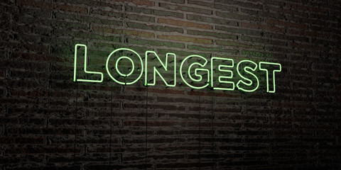 LONGEST -Realistic Neon Sign on Brick Wall background - 3D rendered royalty free stock image. Can be used for online banner ads and direct mailers..
