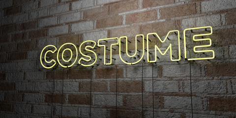 Fototapeta na wymiar COSTUME - Glowing Neon Sign on stonework wall - 3D rendered royalty free stock illustration. Can be used for online banner ads and direct mailers..