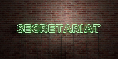 SECRETARIAT - fluorescent Neon tube Sign on brickwork - Front view - 3D rendered royalty free stock picture. Can be used for online banner ads and direct mailers..