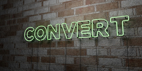 CONVERT - Glowing Neon Sign on stonework wall - 3D rendered royalty free stock illustration.  Can be used for online banner ads and direct mailers..