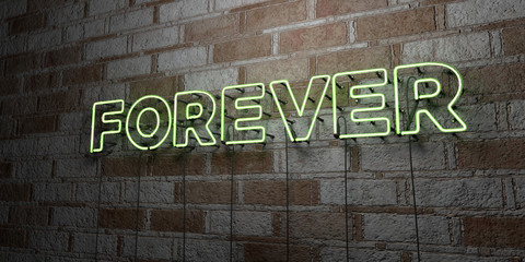 FOREVER - Glowing Neon Sign on stonework wall - 3D rendered royalty free stock illustration.  Can be used for online banner ads and direct mailers..