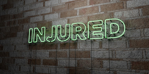 INJURED - Glowing Neon Sign on stonework wall - 3D rendered royalty free stock illustration.  Can be used for online banner ads and direct mailers..