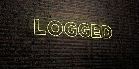 LOGGED -Realistic Neon Sign on Brick Wall background - 3D rendered royalty free stock image. Can be used for online banner ads and direct mailers..
