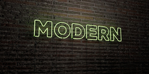 MODERN -Realistic Neon Sign on Brick Wall background - 3D rendered royalty free stock image. Can be used for online banner ads and direct mailers..