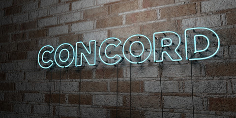 CONCORD - Glowing Neon Sign on stonework wall - 3D rendered royalty free stock illustration.  Can be used for online banner ads and direct mailers..