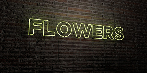 FLOWERS -Realistic Neon Sign on Brick Wall background - 3D rendered royalty free stock image. Can be used for online banner ads and direct mailers..