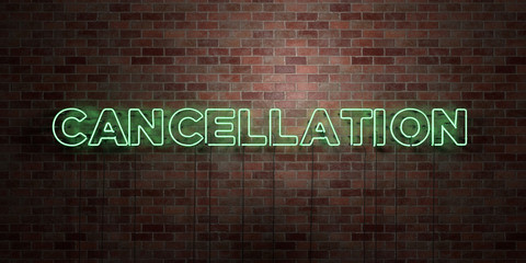 CANCELLATION - fluorescent Neon tube Sign on brickwork - Front view - 3D rendered royalty free stock picture. Can be used for online banner ads and direct mailers..