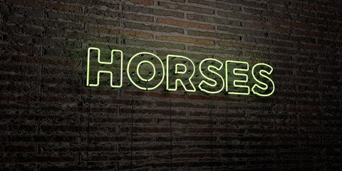 HORSES -Realistic Neon Sign on Brick Wall background - 3D rendered royalty free stock image. Can be used for online banner ads and direct mailers..