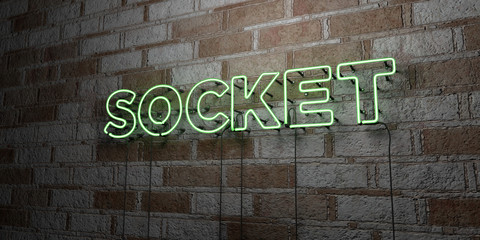 SOCKET - Glowing Neon Sign on stonework wall - 3D rendered royalty free stock illustration.  Can be used for online banner ads and direct mailers..