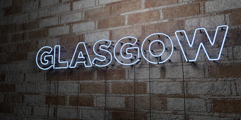 GLASGOW - Glowing Neon Sign on stonework wall - 3D rendered royalty free stock illustration.  Can be used for online banner ads and direct mailers..