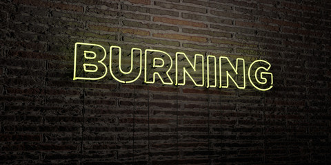 BURNING -Realistic Neon Sign on Brick Wall background - 3D rendered royalty free stock image. Can be used for online banner ads and direct mailers..