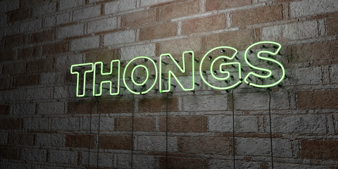 THONGS - Glowing Neon Sign on stonework wall - 3D rendered royalty free stock illustration.  Can be used for online banner ads and direct mailers..
