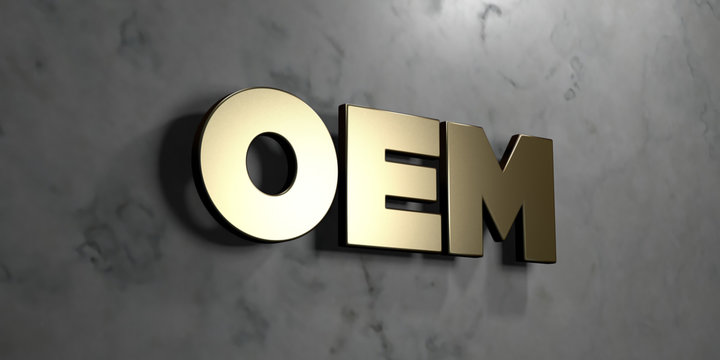Oem - Gold sign mounted on glossy marble wall  - 3D rendered royalty free stock illustration. This image can be used for an online website banner ad or a print postcard.