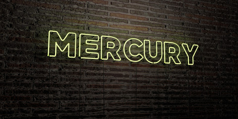 MERCURY -Realistic Neon Sign on Brick Wall background - 3D rendered royalty free stock image. Can be used for online banner ads and direct mailers..