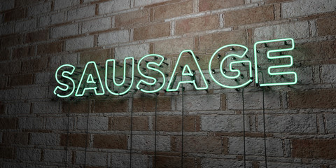 SAUSAGE - Glowing Neon Sign on stonework wall - 3D rendered royalty free stock illustration.  Can be used for online banner ads and direct mailers..